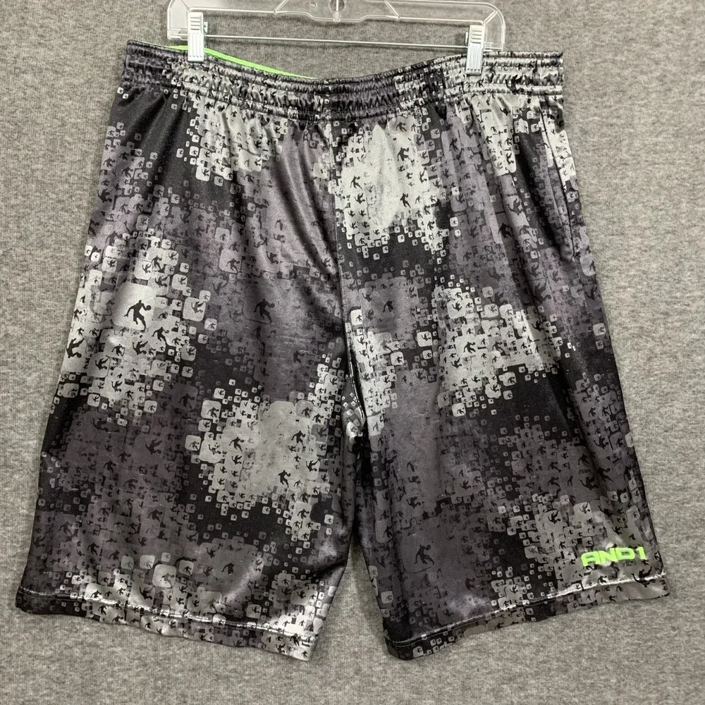 Y2K‎ And1 Basketball Shorts Men Fits XL Black Camo Shiny Satin Elastic Baggy 11